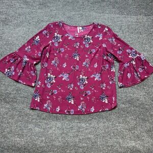 Elle Floral Bell Sleeve Blouse Medium Burgundy Boho Romantic Lightweight Chic